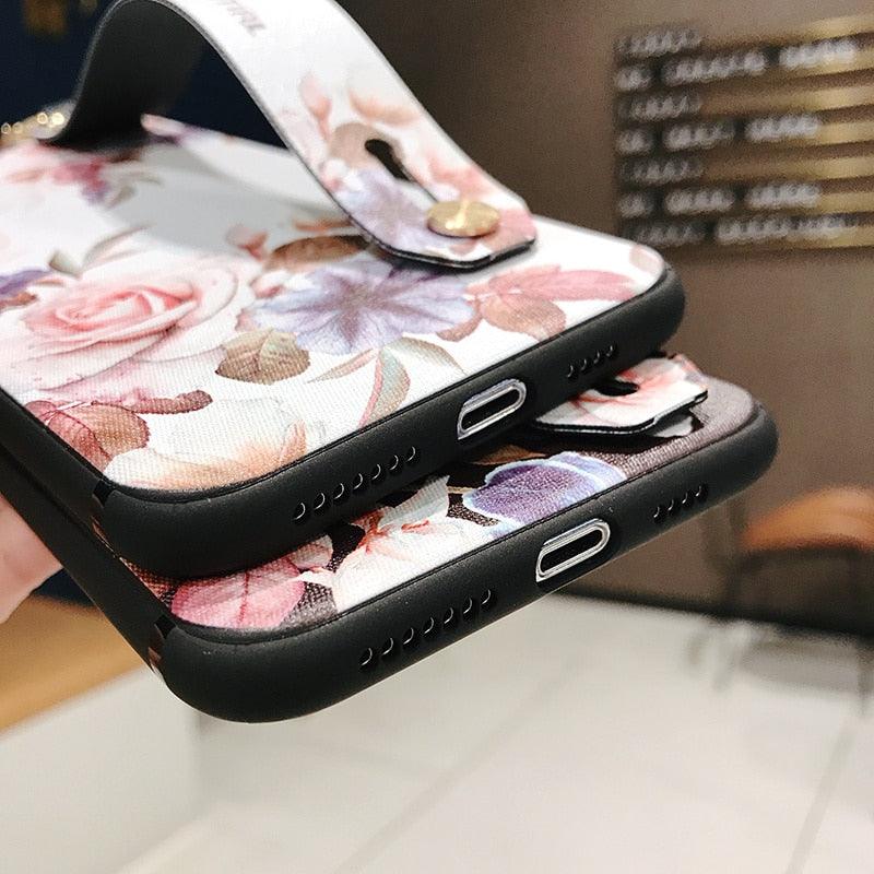 Coques de téléphone avec bracelet de fleurs roses pour iPhone 13 12 11 14 Pro MAX X XR XS MAX 7 8 Plus, étui avec bracelet, protection souple complète, étui de téléphone de protection fin et coloré pour iPhone