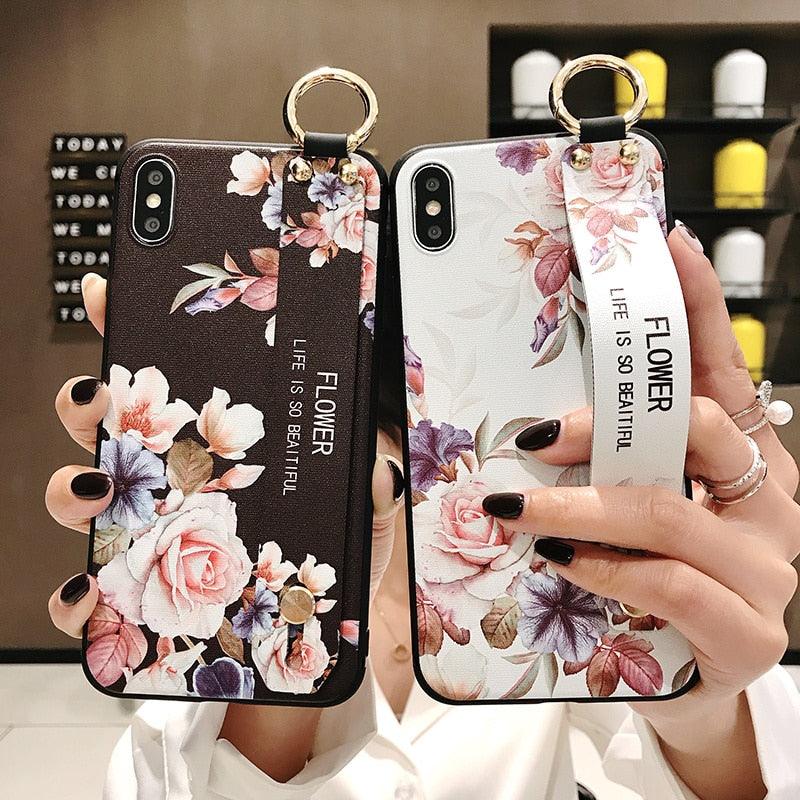 Coques de téléphone avec bracelet de fleurs roses pour iPhone 13 12 11 14 Pro MAX X XR XS MAX 7 8 Plus, étui avec bracelet, protection souple complète, étui de téléphone de protection fin et coloré pour iPhone