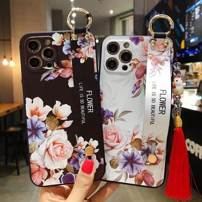 Coques de téléphone avec bracelet de fleurs roses pour iPhone 13 12 11 14 Pro MAX X XR XS MAX 7 8 Plus, étui avec bracelet, protection souple complète, étui de téléphone de protection fin et coloré pour iPhone