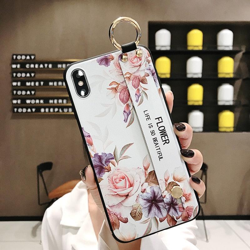 Coques de téléphone avec bracelet de fleurs roses pour iPhone 13 12 11 14 Pro MAX X XR XS MAX 7 8 Plus, étui avec bracelet, protection souple complète, étui de téléphone de protection fin et coloré pour iPhone