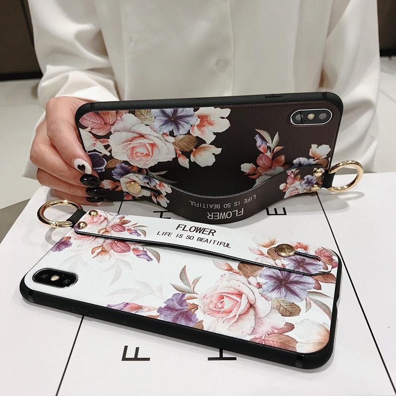 Coques de téléphone avec bracelet de fleurs roses pour iPhone 13 12 11 14 Pro MAX X XR XS MAX 7 8 Plus, étui avec bracelet, protection souple complète, étui de téléphone de protection fin et coloré pour iPhone