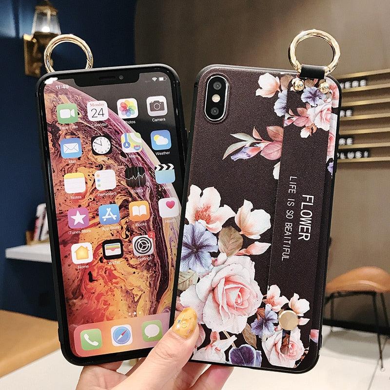 Coques de téléphone avec bracelet de fleurs roses pour iPhone 13 12 11 14 Pro MAX X XR XS MAX 7 8 Plus, étui avec bracelet, protection souple complète, étui de téléphone de protection fin et coloré pour iPhone