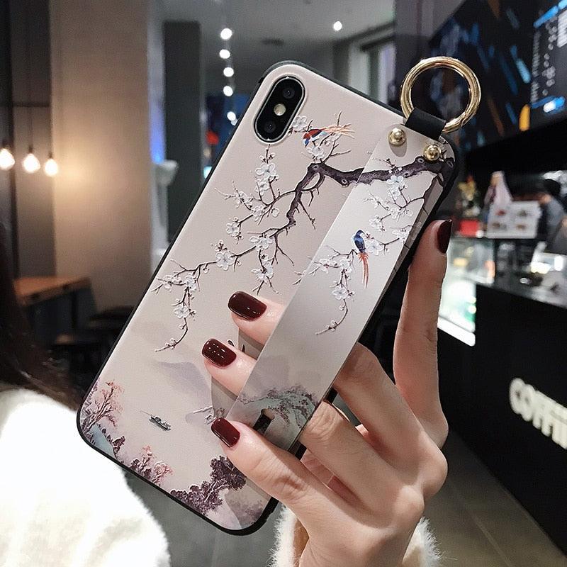 Coques de téléphone avec bracelet de fleurs roses pour iPhone 13 12 11 14 Pro MAX X XR XS MAX 7 8 Plus, étui avec bracelet, protection souple complète, étui de téléphone de protection fin et coloré pour iPhone