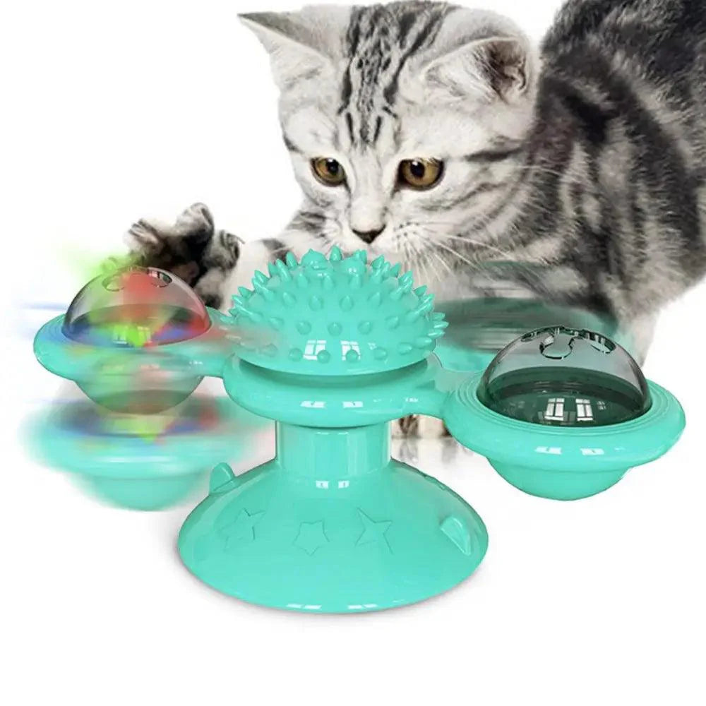 Jouets rotatifs amusants pour chat avec vent moulin et balle LED pour le nettoyage des dents, jouets interactifs pour animaux de compagnie, platine tournante pour taquiner les chats