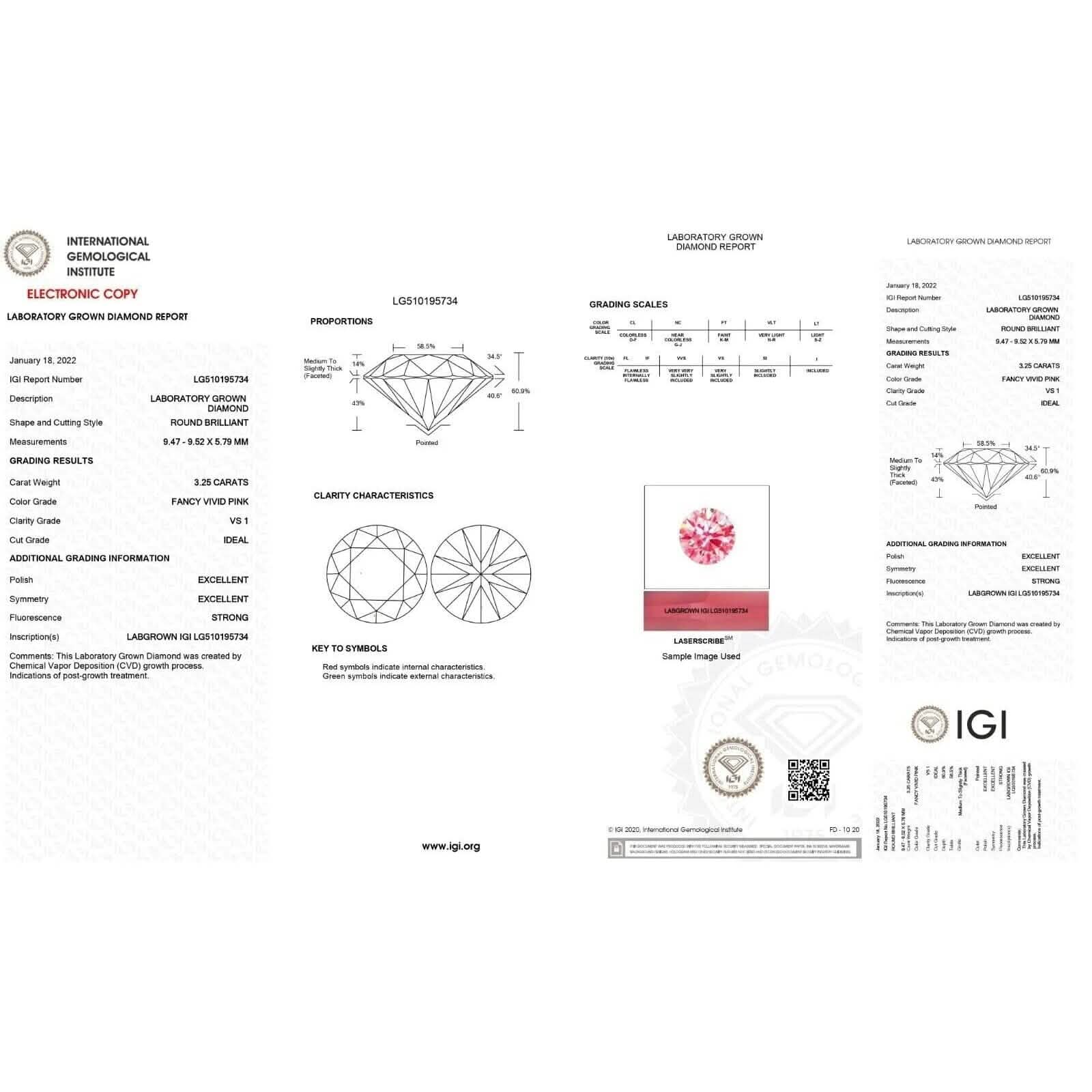Diamant cultivé en laboratoire HPHT, rond, rose intense fantaisie, 3,25 ct, VS1, certifié IGI, 3e tour