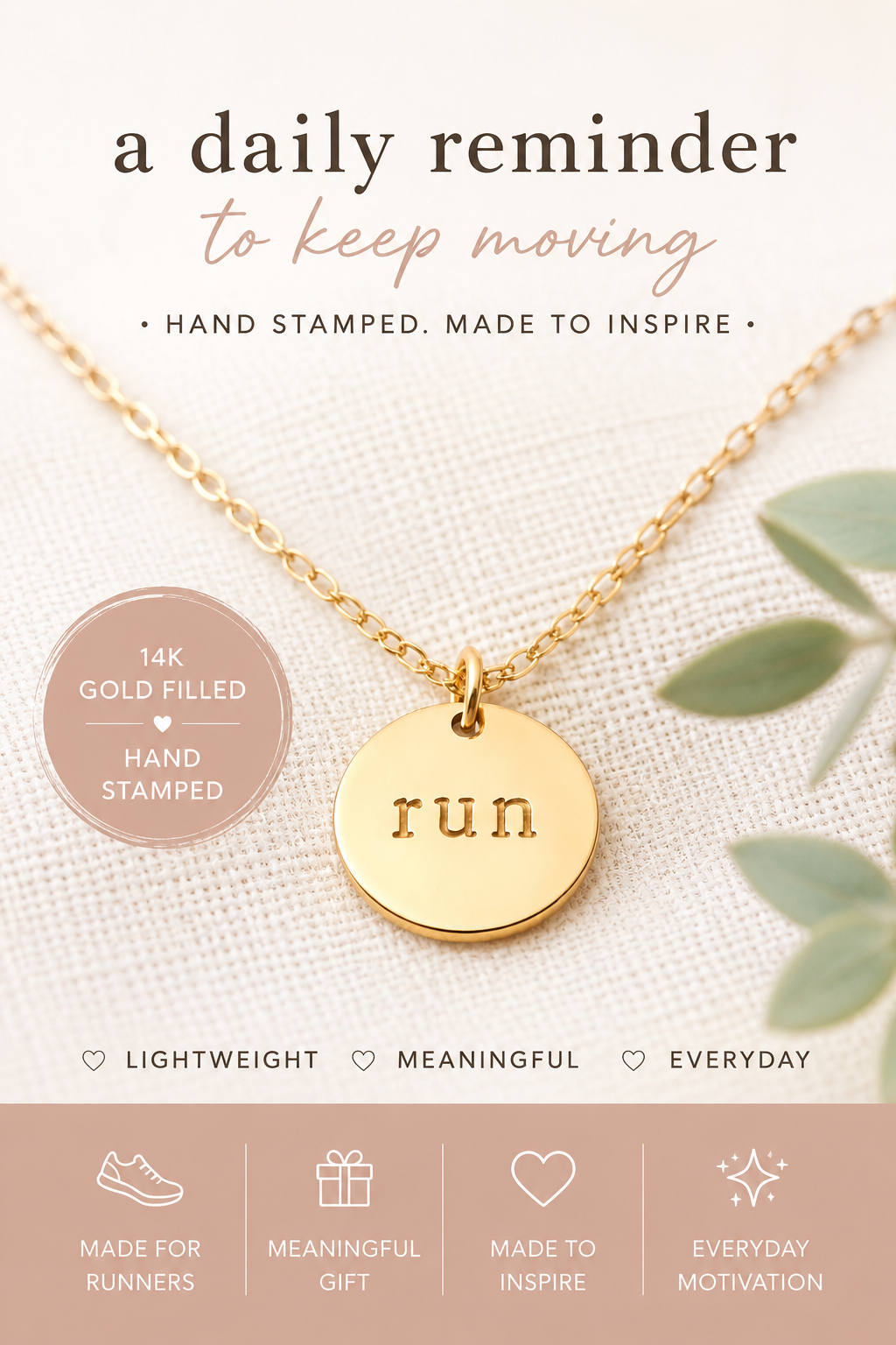 Breloque « Run » estampillée à la main – Pendentif disque en or rempli 14 carats – Bijoux de fitness pour coureurs