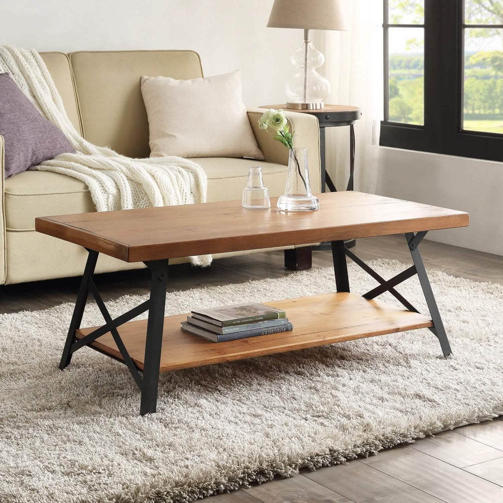 Table basse rustique avec rangement et pieds en métal, Marron 43"