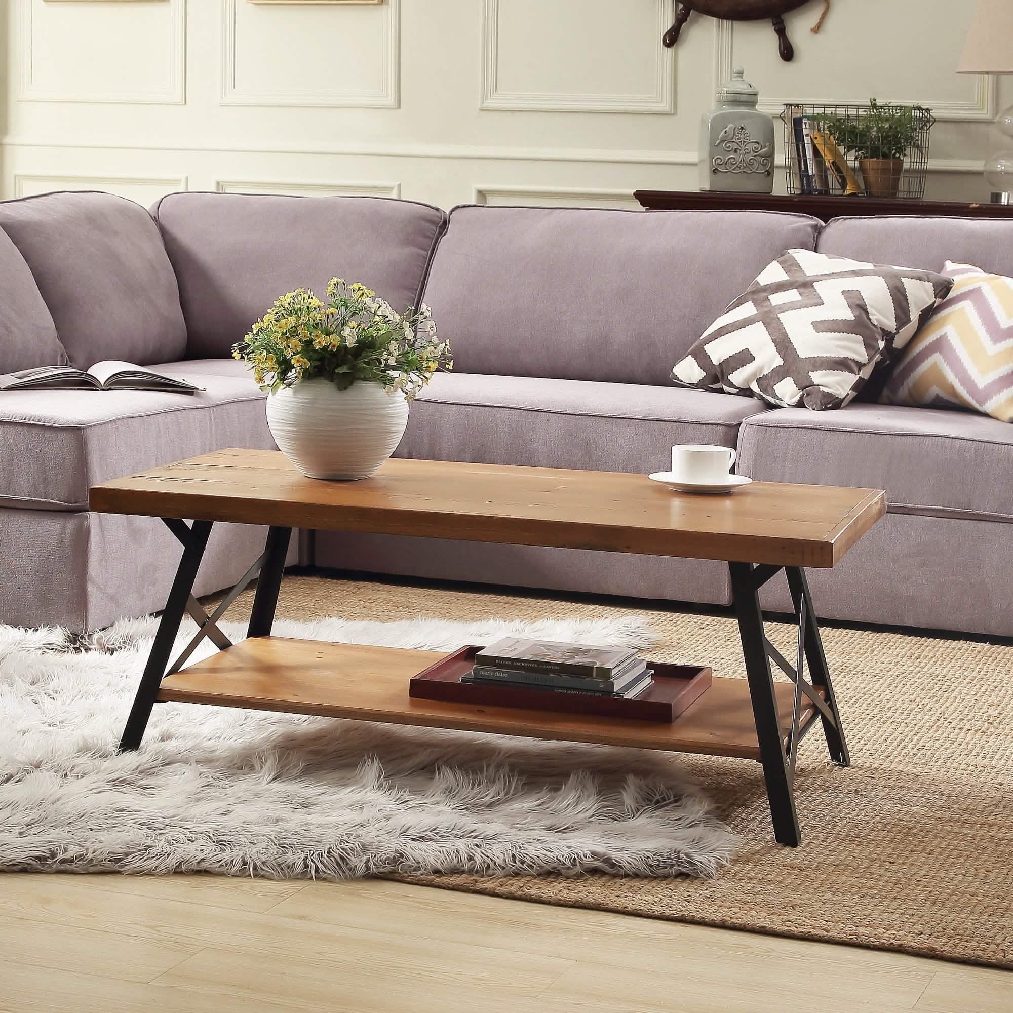 Table basse rustique avec rangement et pieds en métal, Marron 43"