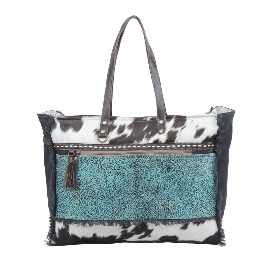 Sac fourre-tout en cuir Myra Sea Grass Hair-On - Sac spacieux en cuir de vachette avec poche avant embossée pour l'élégance au quotidien