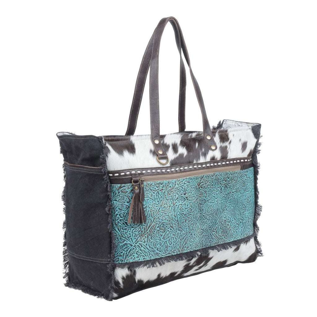 Sac fourre-tout en cuir Myra Sea Grass Hair-On - Sac spacieux en cuir de vachette avec poche avant embossée pour l'élégance au quotidien