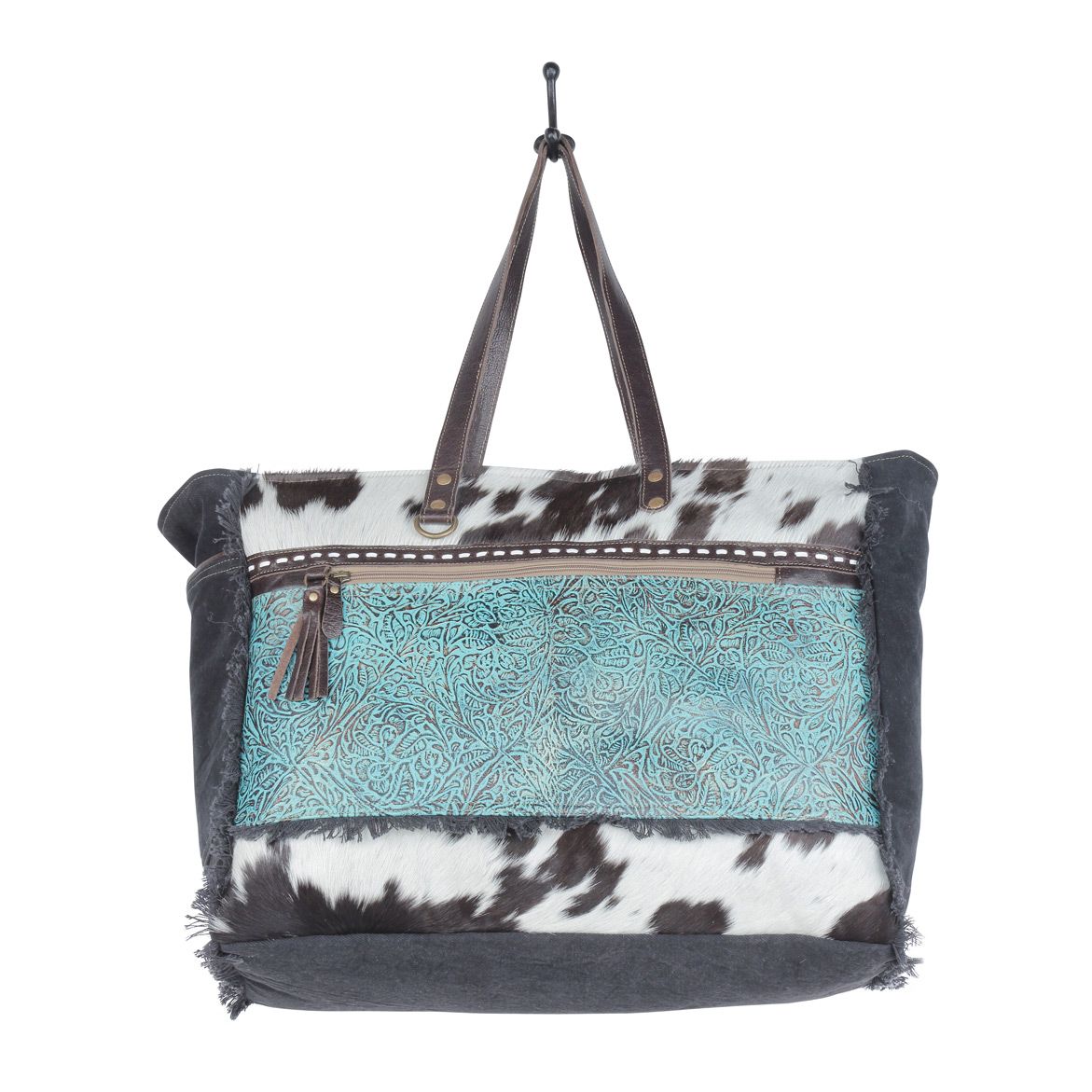 Sac fourre-tout en cuir Myra Sea Grass Hair-On - Sac spacieux en cuir de vachette avec poche avant embossée pour l'élégance au quotidien