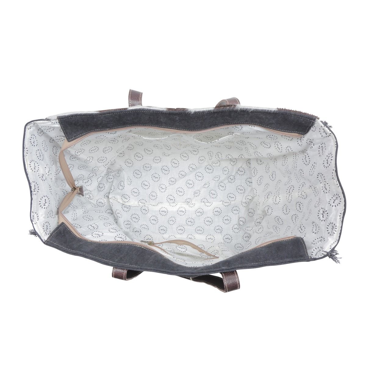 Sac fourre-tout en cuir Myra Sea Grass Hair-On - Sac spacieux en cuir de vachette avec poche avant embossée pour l'élégance au quotidien
