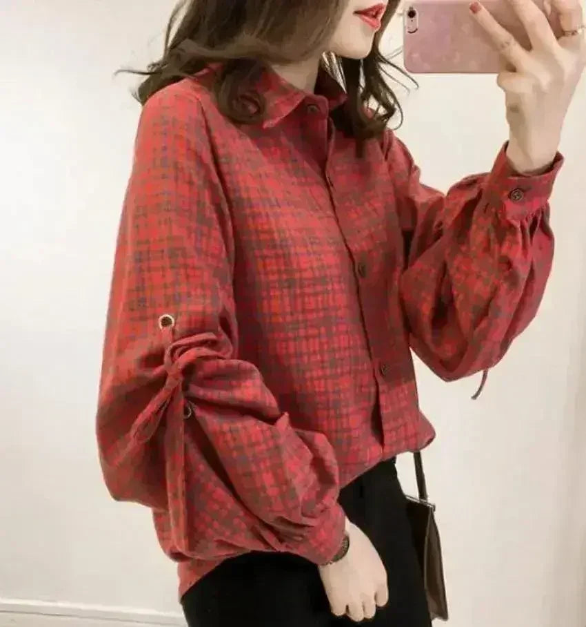Chemise carreaux ample femme à manches cloche - Bleu | Femstylo