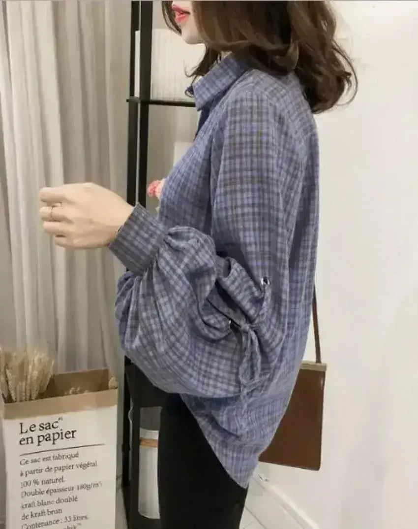 Chemise carreaux ample femme à manches cloche - Bleu | Femstylo