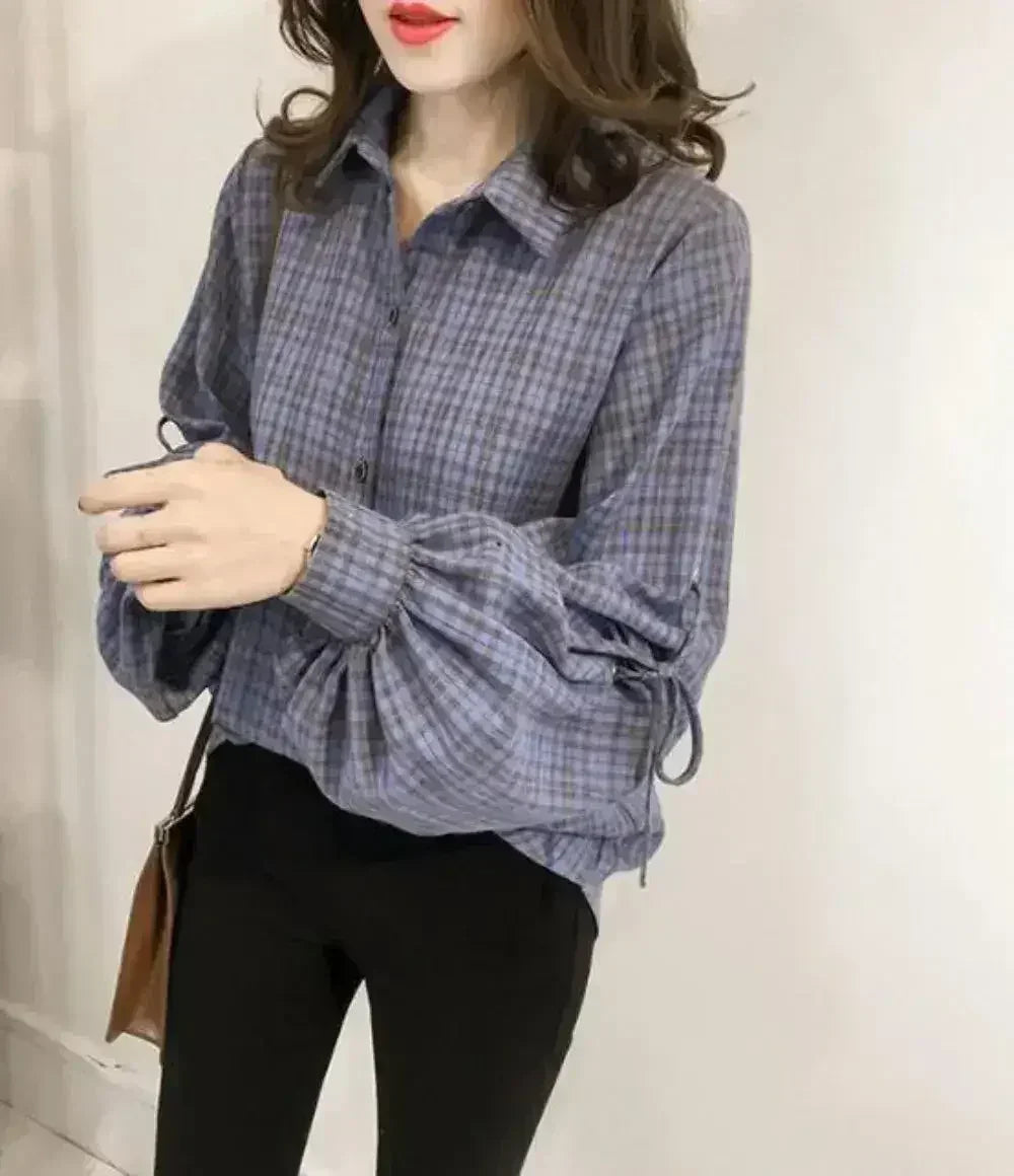 Chemise carreaux ample femme à manches cloche - Bleu | Femstylo