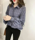 Chemise carreaux ample femme à manches cloche - Bleu | Femstylo