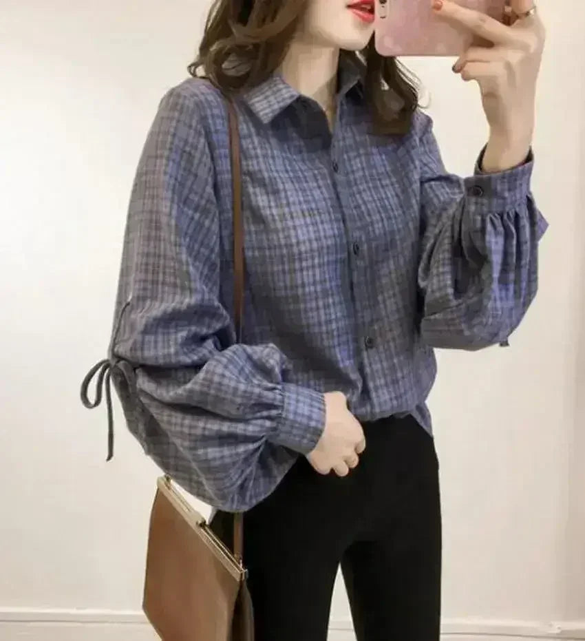 Chemise carreaux ample femme à manches cloche - Bleu | Femstylo