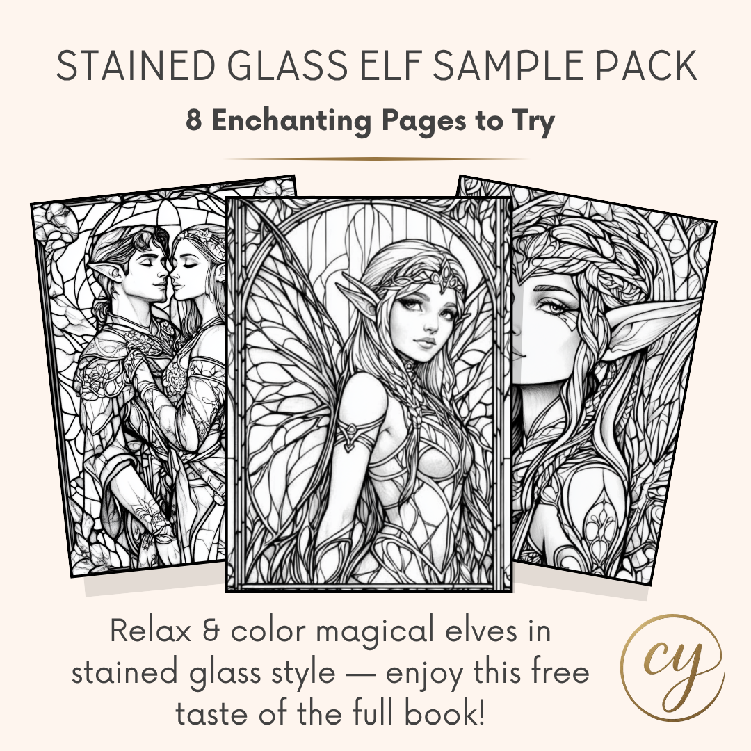 Pages de coloriage d'elfes en vitrail – Pack d'échantillons gratuit de 8 pages