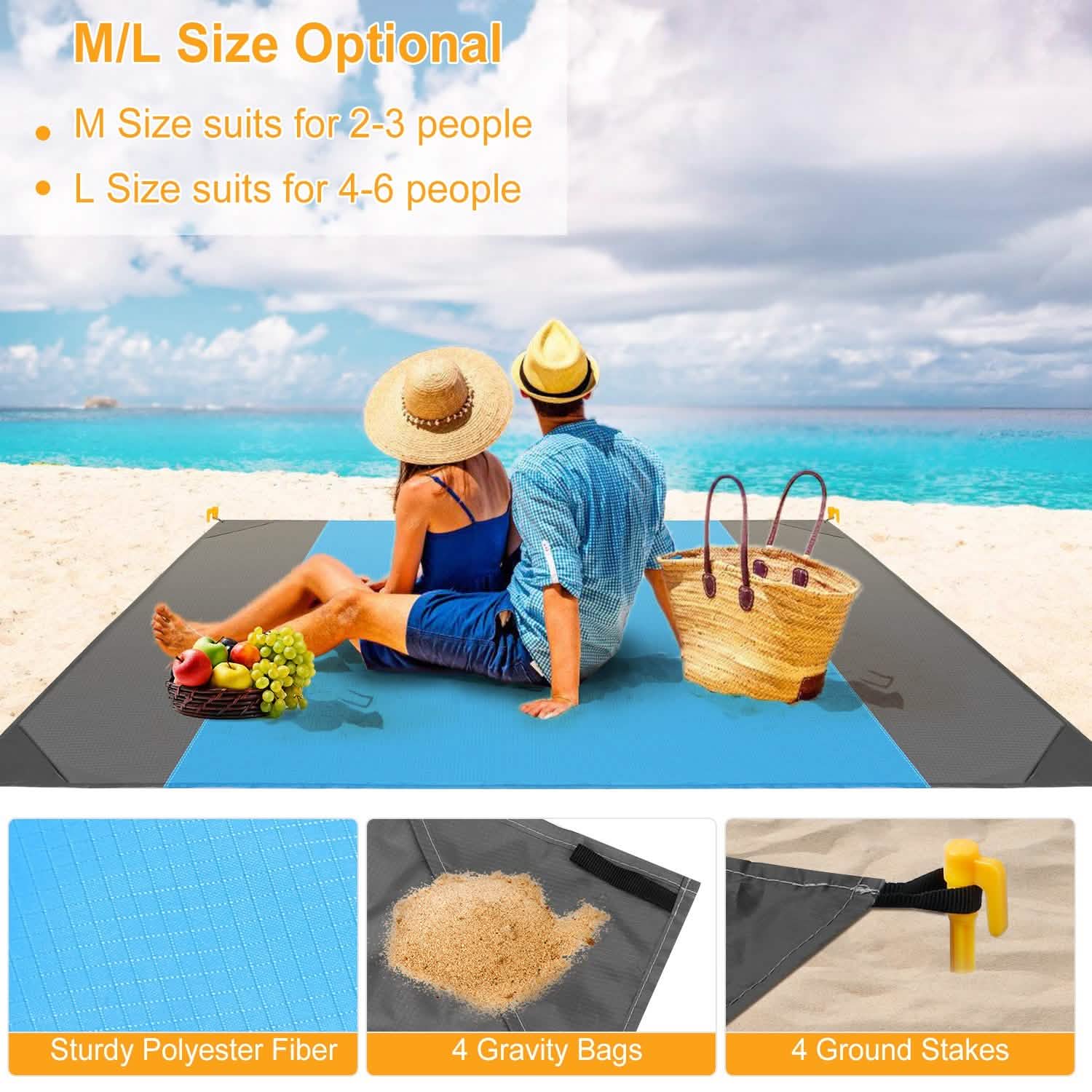 Couverture de pique-nique anti-sable avec 4 ancres