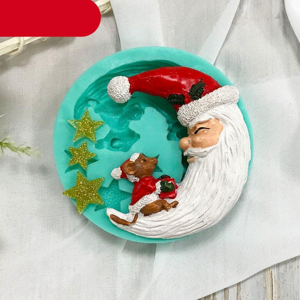 Moule en silicone en forme de lune de Père Noël pour fondant, avec étoile, pour dessert de Noël, chocolat, biscuit, sucre, outils de cuisson de gâteaux, moule en silicone pour gâteaux en forme de lune de Père Noël.