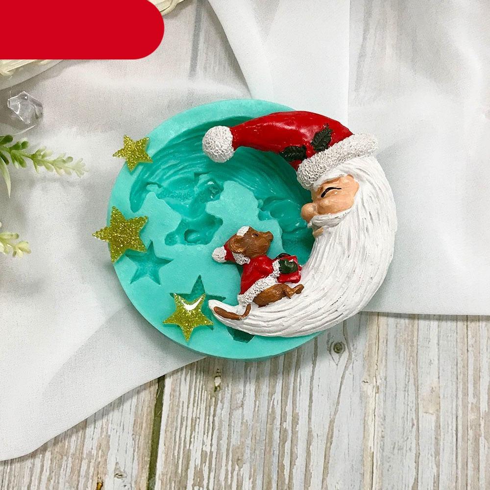 Moule en silicone en forme de lune de Père Noël pour fondant, avec étoile, pour dessert de Noël, chocolat, biscuit, sucre, outils de cuisson de gâteaux, moule en silicone pour gâteaux en forme de lune de Père Noël.