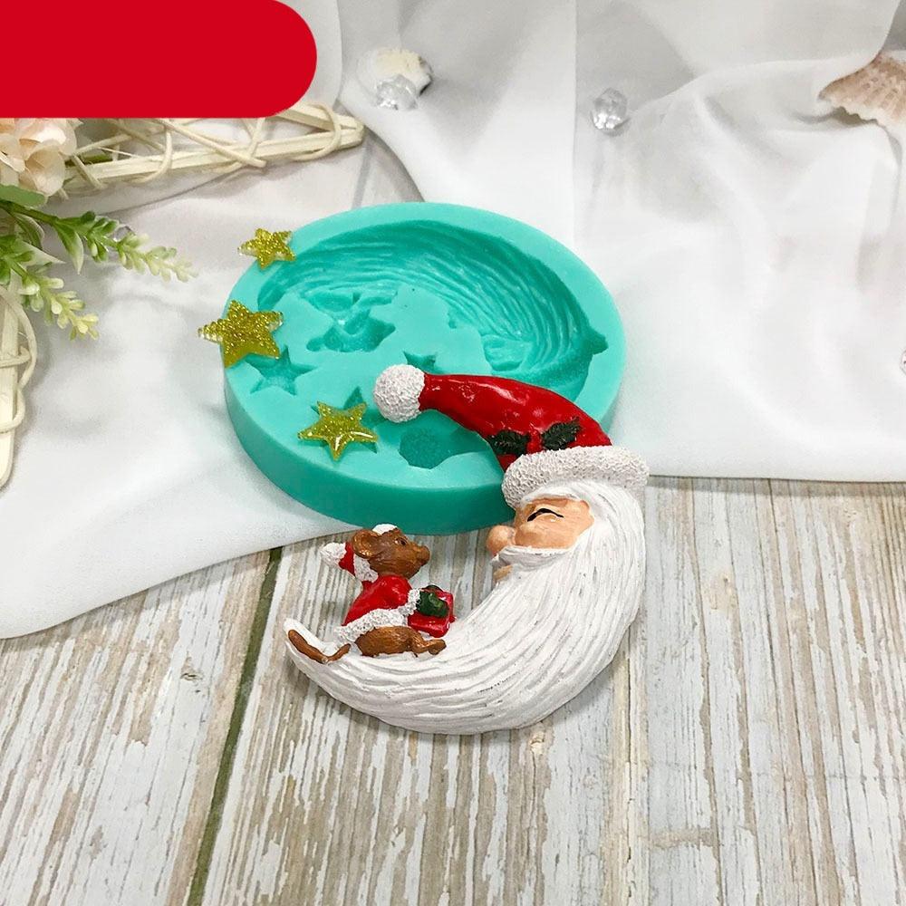 Moule en silicone en forme de lune de Père Noël pour fondant, avec étoile, pour dessert de Noël, chocolat, biscuit, sucre, outils de cuisson de gâteaux, moule en silicone pour gâteaux en forme de lune de Père Noël.