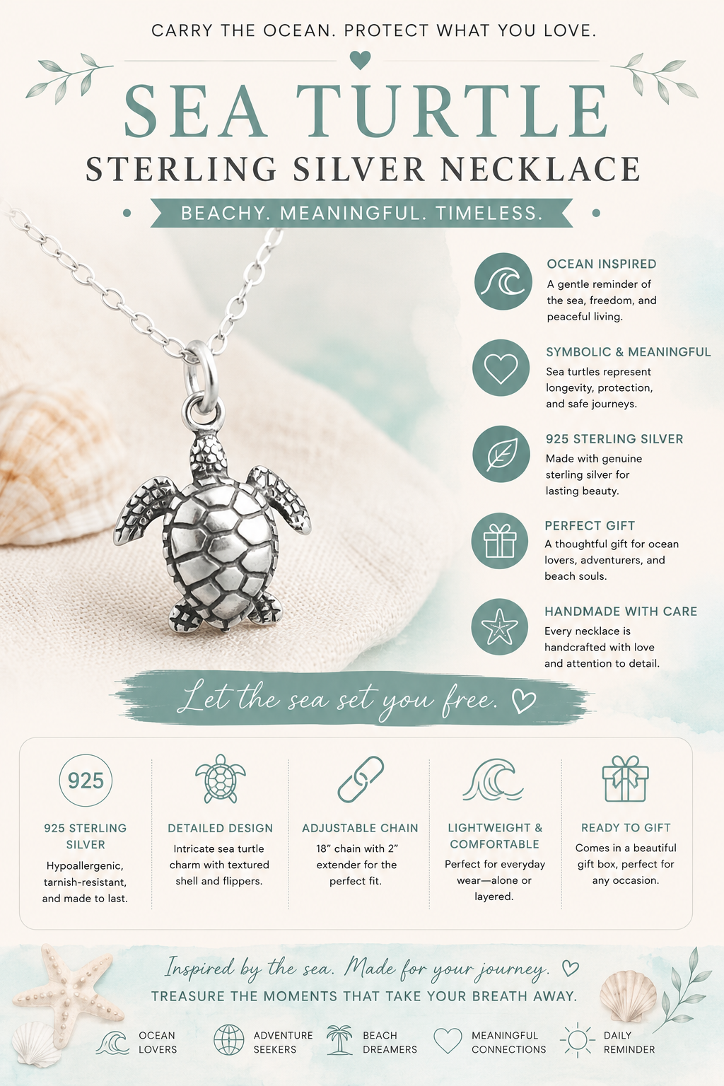 Sterling Silver Sea Turtle Necklace – Beachy Handmade Gift