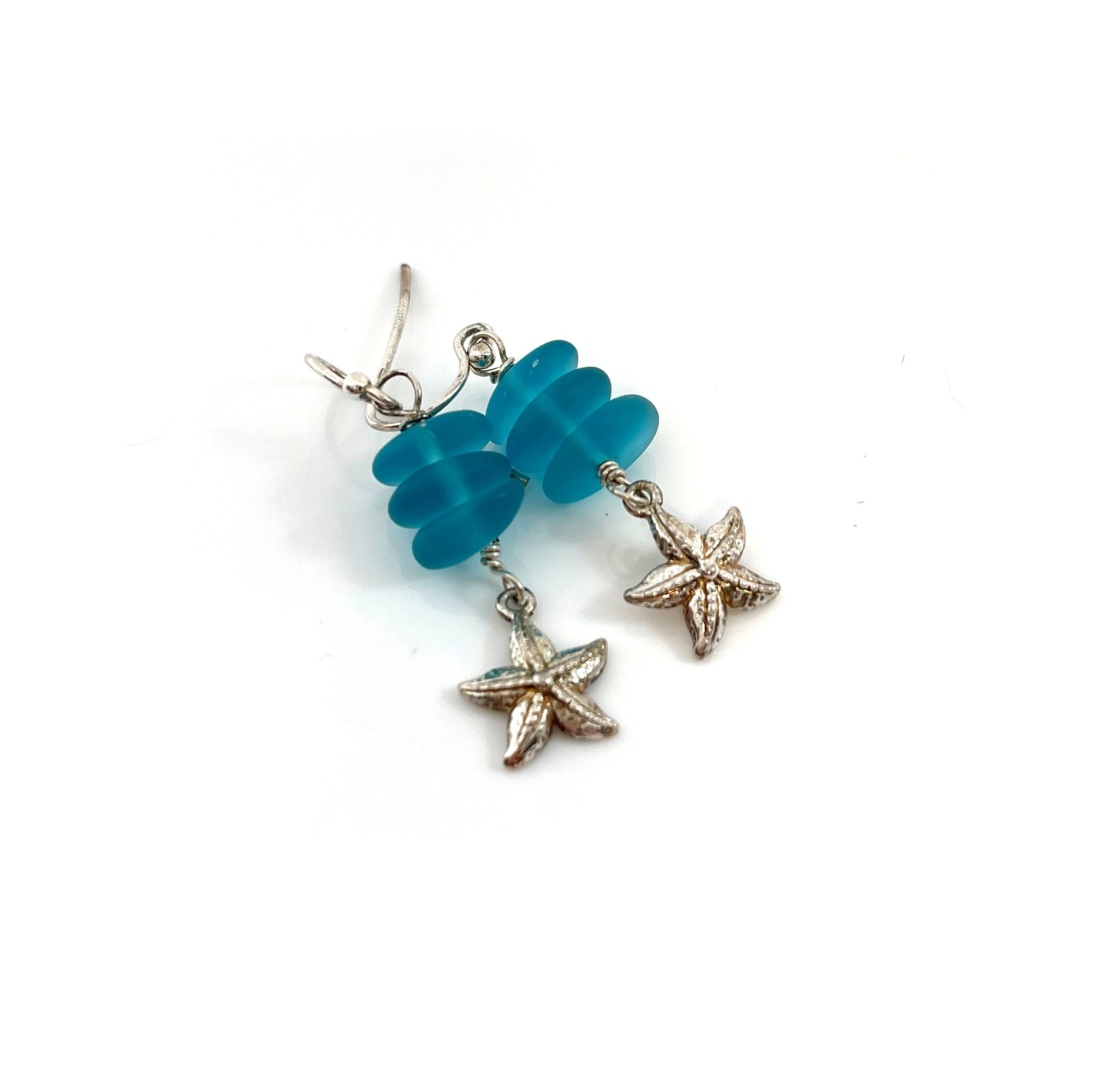 Blue Sea Glass Sterling Starfish Earrings