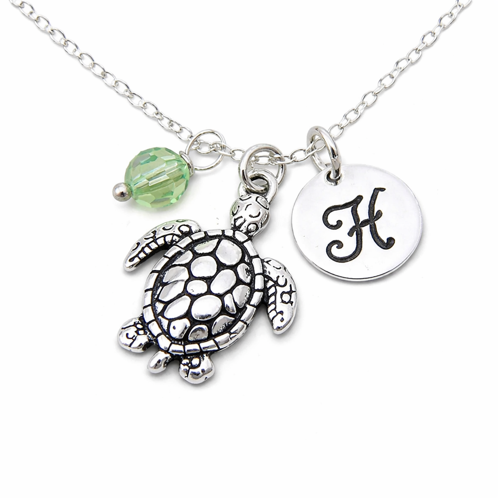Collier Tortue de Mer – Argent Sterling avec Pierre de Naissance et Breloque Initiale