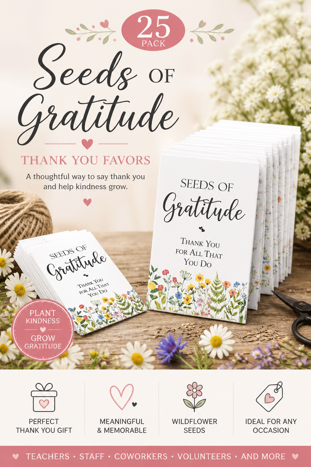 Sachets de graines de gratitude (lot de 25) • Sachets de graines « Merci » • Petits cadeaux de graines de fleurs sauvages