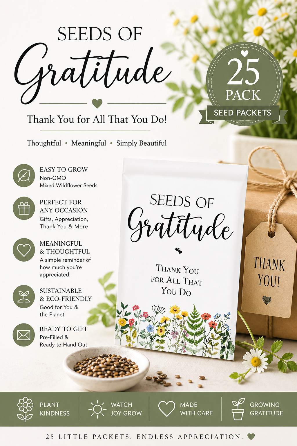Sachets de graines de gratitude (lot de 25) • Sachets de graines « Merci » • Petits cadeaux de graines de fleurs sauvages