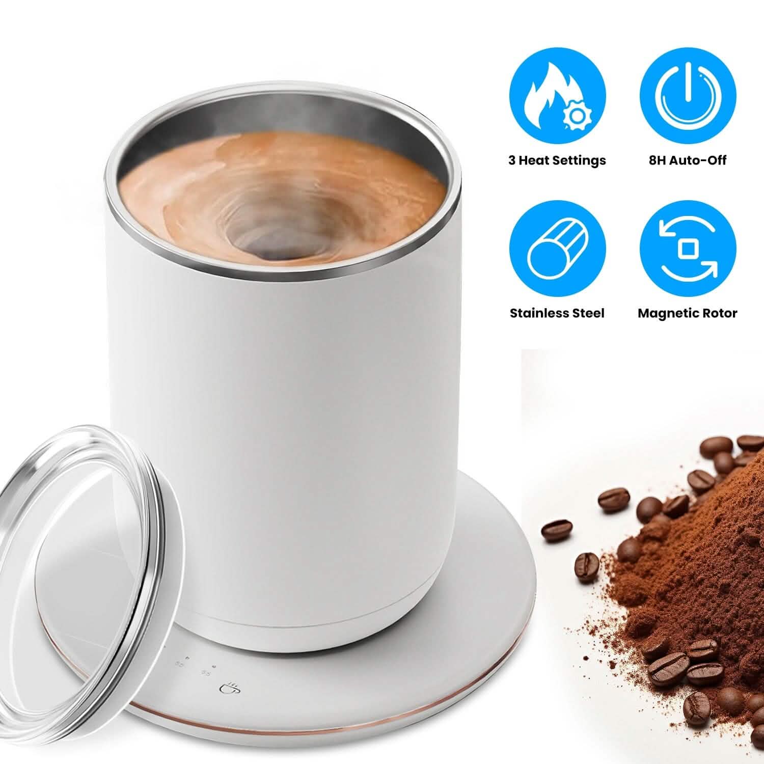 Mug à café auto-mélangeur avec couvercle, contrôle de la température, 3 réglages de chaleur