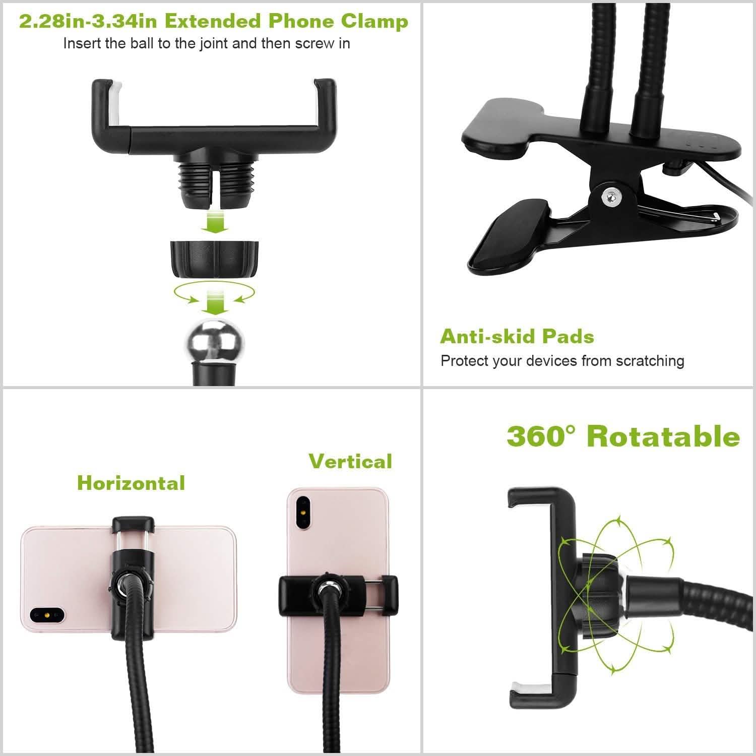 Anneau lumineux avec pince de support pour téléphone
