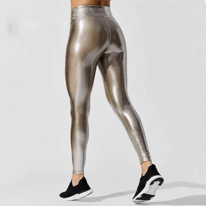 Shape Legging de voyage femme à compression graduée et à coupe décontractée avec ceinture qui tient bien en place Pantalon de yoga taille haute métallisé pour femme Legging de sport brillant pour femme Pantalon moulant et brillant
