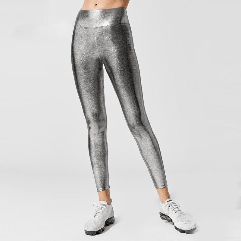 Shape Legging de voyage femme à compression graduée et à coupe décontractée avec ceinture qui tient bien en place Pantalon de yoga taille haute métallisé pour femme Legging de sport brillant pour femme Pantalon moulant et brillant