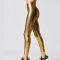 Shape Legging de voyage femme à compression graduée et à coupe décontractée avec ceinture qui tient bien en place Pantalon de yoga taille haute métallisé pour femme Legging de sport brillant pour femme Pantalon moulant et brillant