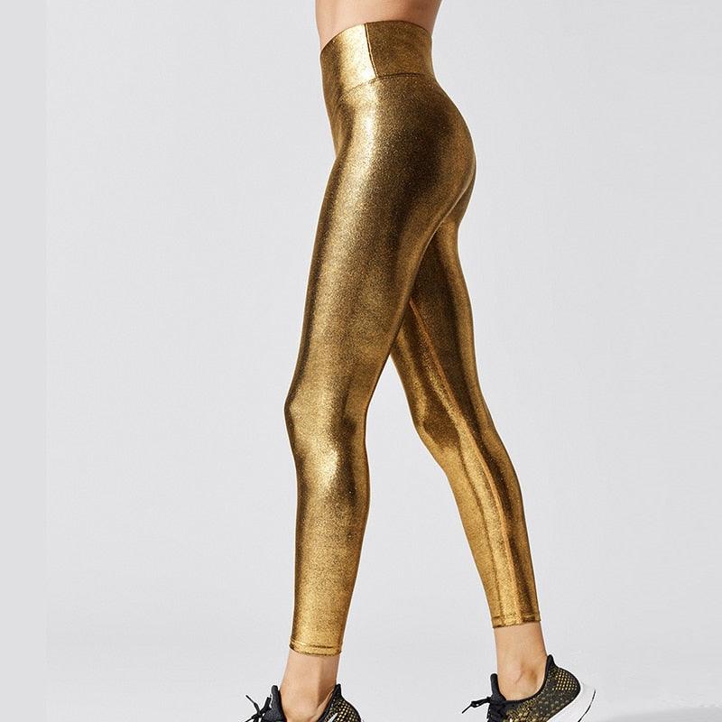 Shape Legging de voyage femme à compression graduée et à coupe décontractée avec ceinture qui tient bien en place Pantalon de yoga taille haute métallisé pour femme Legging de sport brillant pour femme Pantalon moulant et brillant