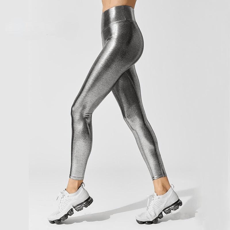 Shape Legging de voyage femme à compression graduée et à coupe décontractée avec ceinture qui tient bien en place Pantalon de yoga taille haute métallisé pour femme Legging de sport brillant pour femme Pantalon moulant et brillant