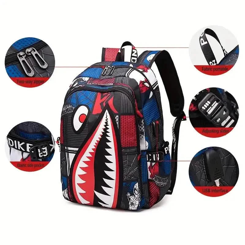 Sac à dos étudiant en nylon avec motifs de requins