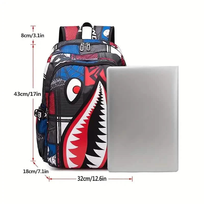 Sac à dos étudiant en nylon avec motifs de requins