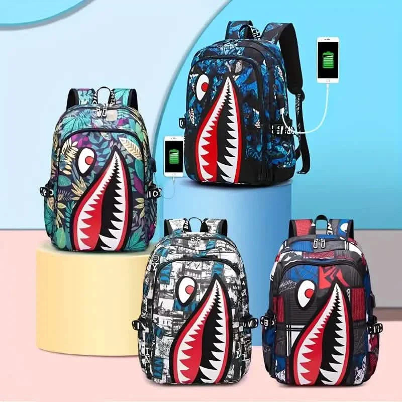 Sac à dos étudiant en nylon avec motifs de requins