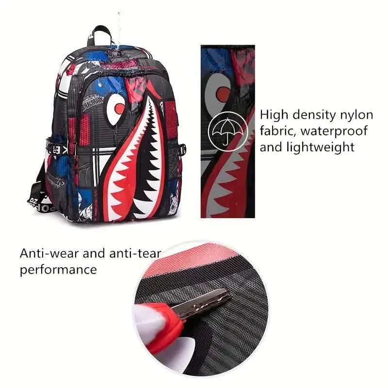 Sac à dos étudiant en nylon avec motifs de requins