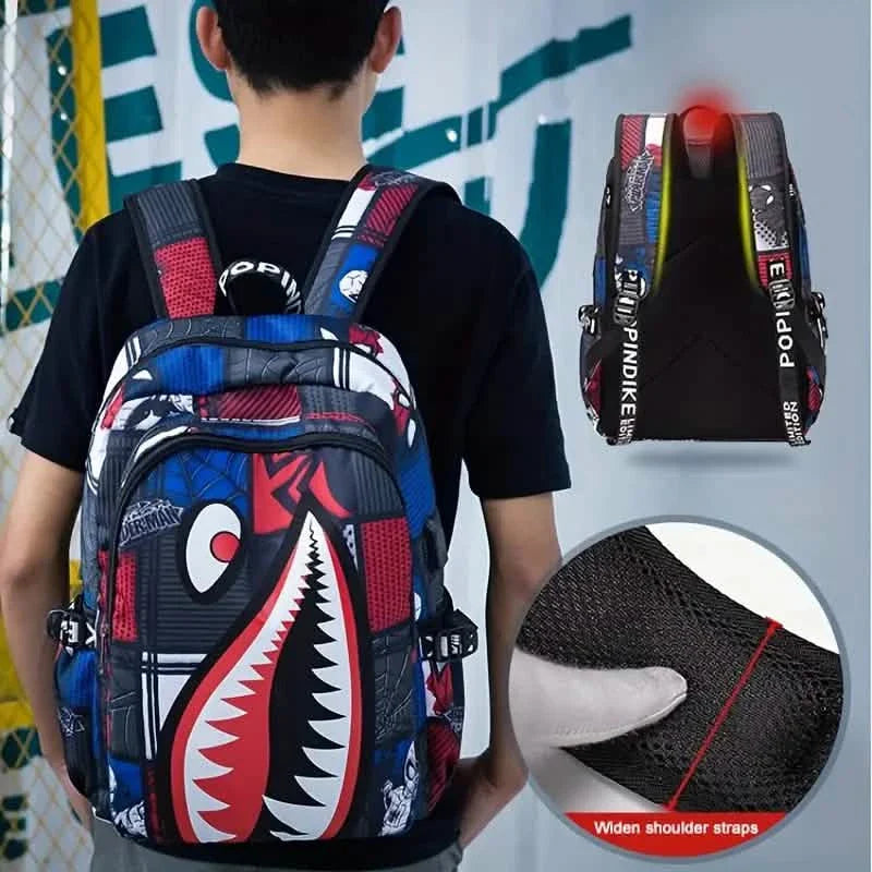 Sac à dos étudiant en nylon avec motifs de requins