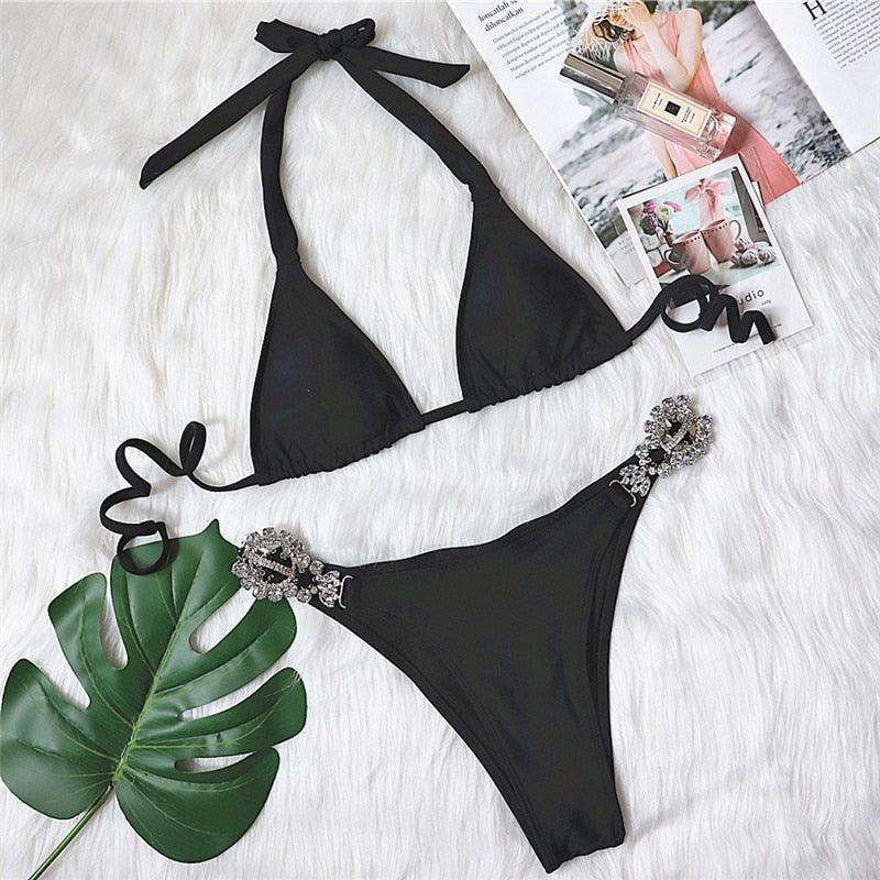 Bikini Push-Up Diamant Brillant Maillot de Bain Dos Nu Femme Maillot de Bain Cristal Nouveau Maillot de Bain Femme Cristal Diamant Ensemble Bikini Taille Haute Bretelles Deux Pièces