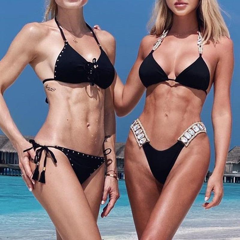 Bikini Push-Up Diamant Brillant Maillot de Bain Dos Nu Femme Maillot de Bain Cristal Nouveau Maillot de Bain Femme Cristal Diamant Ensemble Bikini Taille Haute Bretelles Deux Pièces