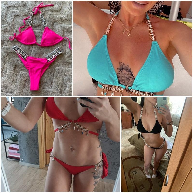 Bikini Push-Up Diamant Brillant Maillot de Bain Dos Nu Femme Maillot de Bain Cristal Nouveau Maillot de Bain Femme Cristal Diamant Ensemble Bikini Taille Haute Bretelles Deux Pièces