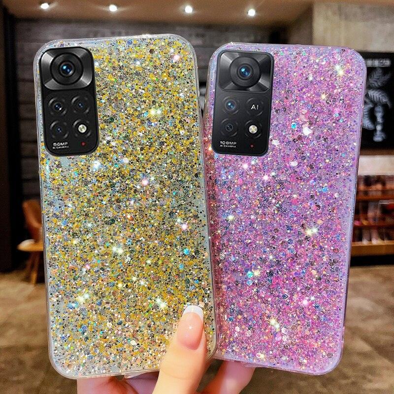 Coque en Silicone à Paillettes Brillantes pour Xiaomi Redmi Note 11 11S 10 10S 9 9S 9A 9C 8 8A Pro Or Argent Feuille Souple Coque Arrière Mignonne Étincelante Brillante Mince Douce Réfléchissante Transparente Bumper pour Fille Femme Housse de Protection