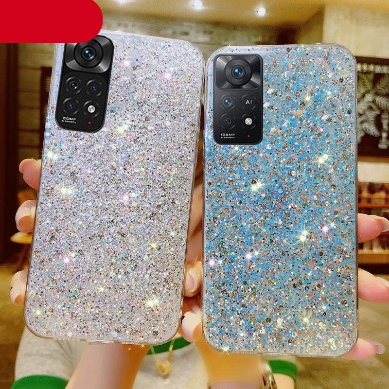 Coque en Silicone à Paillettes Brillantes pour Xiaomi Redmi Note 11 11S 10 10S 9 9S 9A 9C 8 8A Pro Or Argent Feuille Souple Coque Arrière Mignonne Étincelante Brillante Mince Douce Réfléchissante Transparente Bumper pour Fille Femme Housse de Protection