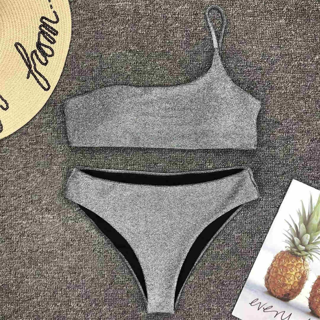 Maillot de bain bikini taille haute brillant à paillettes pour femme, haut de bikini à une épaule avec bas taille haute, maillot de bain deux pièces pour femme, ensemble bikini deux pièces, maillot de bain une épaule