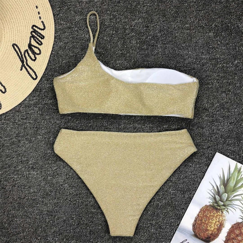 Maillot de bain bikini taille haute brillant à paillettes pour femme, haut de bikini à une épaule avec bas taille haute, maillot de bain deux pièces pour femme, ensemble bikini deux pièces, maillot de bain une épaule